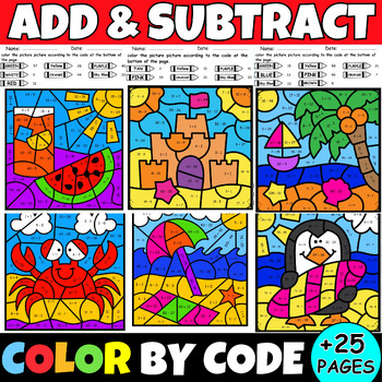 Preview of Summer Coloring Pages - Addition Subtraction Math Color by Number Code Activity