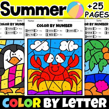 Preview of Summer Coloring Pages | Color by Code Letter | Alphabet Coloring Worksheet