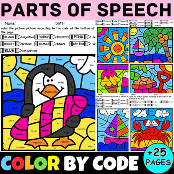 Preview of Summer Coloring Pages - Grammar Color By Number Code Parts of Speech Worksheets