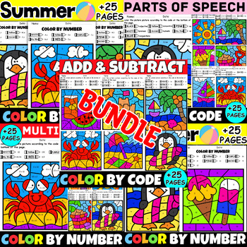 Preview of Summer Coloring Pages - Math Grammar Number Word Color by Number Code Bundle