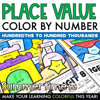 Preview of Summer Coloring Pages Place Value to 100000 Worksheets Color by Number
