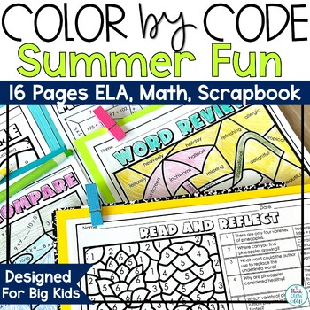Preview of Summer School Coloring Pages Color by Number End of Year Grammar Math Review