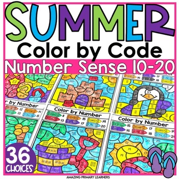 Preview of Summer Coloring Pages Teen Math Activities Color by Number Sense Color by Code