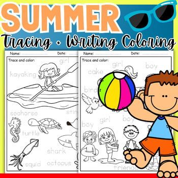 Preview of Summer Coloring Pages Tracing Writing Activities - June Fun Summer Worksheets