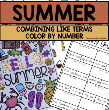 Preview of Summer Combining Like Terms Color by Number | Middle School Math 7th Grade