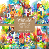 Summer Cottage Watercolor Digital Paper Clipart Illustrations