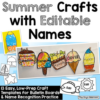 Preview of Summer Crafts With Editable Names - Fine Motor Summer Activities