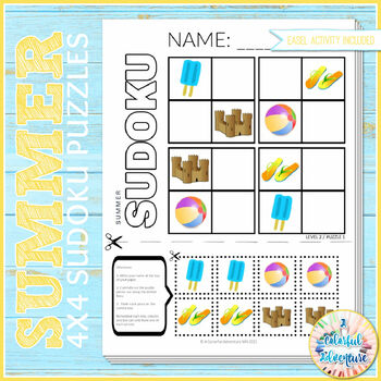 Preview of Summer Critical Thinking | 4x4 Sudoku Logic Puzzles | Cut and Paste Activity