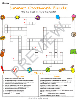 Summer Crossword Puzzle By Color With Kona Teachers Pay Teachers