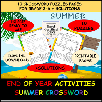 Preview of Summer Crossword Puzzle 10 fun End of the Year Activities Grd3-6 Printable Pages