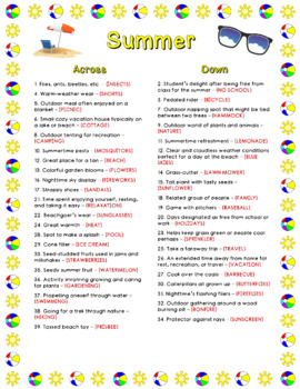 Summer Crossword Puzzle (40 Clues) by LaRue Learning Products TpT