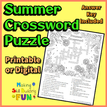 Preview of Summer Crossword Puzzle Coloring Page Printable or Digital Answer Key Included