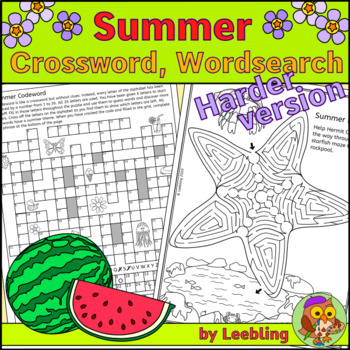 Preview of Summer Crossword, Summer Word Search, End of Year Puzzles, Activities – Harder