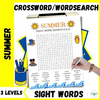 Preview of Summer Crossword / Word Search Sight Word Puzzle Worksheets (3 Levels)