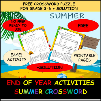 Preview of Summer Crossword puzzle Free Printable end of the year activities for Grades 3-6