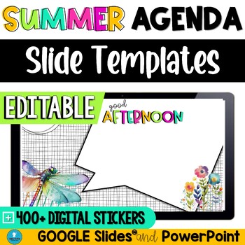 Preview of Summer Daily Classroom Agenda Slides Template - Editable - with Digital Stickers