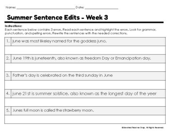 Summer Daily Sentence Edits - { Editing, Proofreading, Writing }