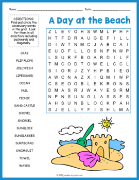 summer word search a day at the beach by puzzles to print tpt