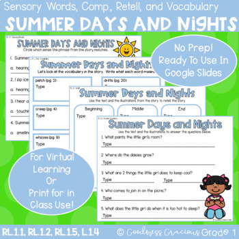 Preview of Summer Days and Nights Comp, Retell, Sensory Words (5 Senses) & Vocabulary