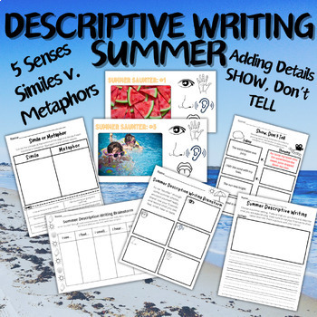 Preview of Summer Descriptive Writing -Add details, Simile/Metaphor, SLIDES, 5 senses, ESL