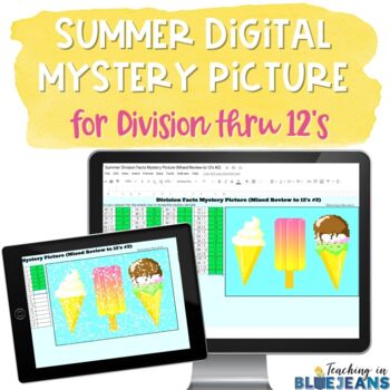 Preview of Summer Digital Mystery Picture for Division Facts to 12's | Math Fact Practice