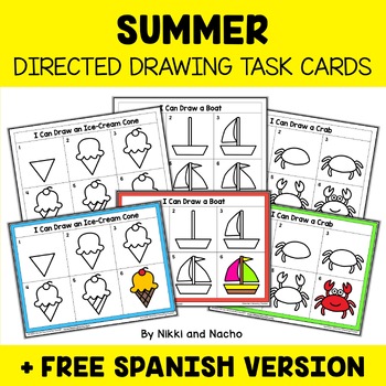 Preview of Summer Directed Drawing Task Card Activities + FREE Spanish