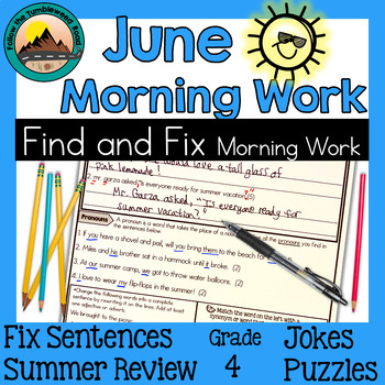 Preview of Summer Morning Work ELA Fix Sentences Review Grammar Parts of Speech Worksheets