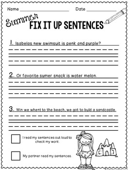 Summer Editing Sentences: Second Grade, Capitalization, Punctuation ...