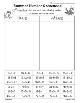 summer end of year addition and subtraction true or false sort 3