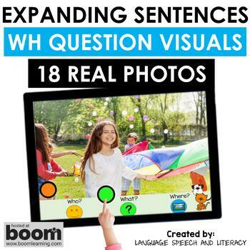 Preview of Spring Expanding Sentences Boom Cards Speech Therapy, Real Photos, WH Questions