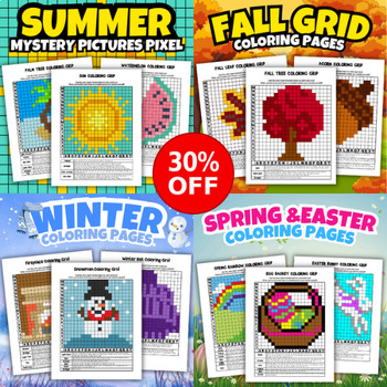 Preview of Summer, Fall, Winter and Spring Mystery Pictures Grid Coloring Pages