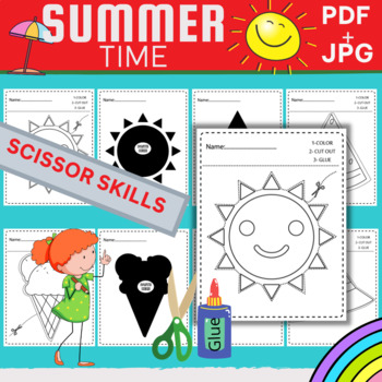 Preview of Summer Fine Motor Skills Color,Cut And Paste (Holiday Activities)