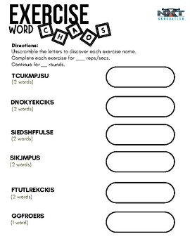 Preview of Summer Fitness Fun ~ Exercise Word Chaos Game (Answer Key Included)