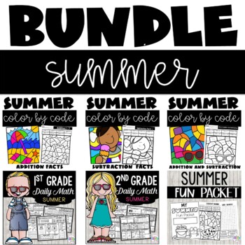 Preview of Summer Fun Activities - Worksheets Color by Number 1st 2nd Math Spiral Review 