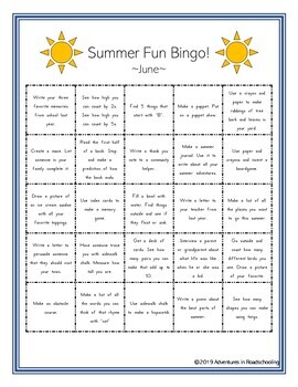 Summer Fun Bingo by Adventures in Roadschooling | TPT