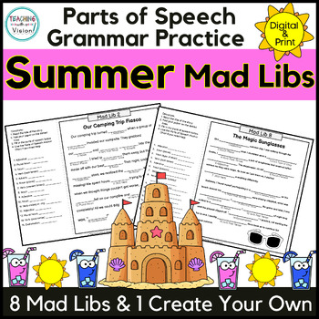 Preview of Summer Fun Mad Libs Part of Speech End of Year Grammar Review 3rd 4th 5th 6th Gr