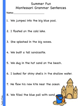 Preview of Summer Fun Montessori Grammar Sentences