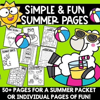 Preview of Kindergarten Fun Packet End of the Year Activities Summer Math Worksheets 