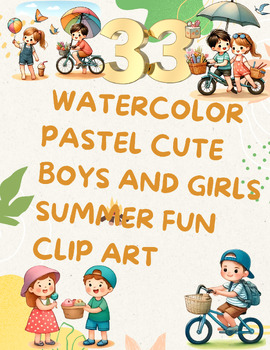 Preview of Summer Fun: Watercolor Pastel Cute Boys and Girls Clip Art Collection