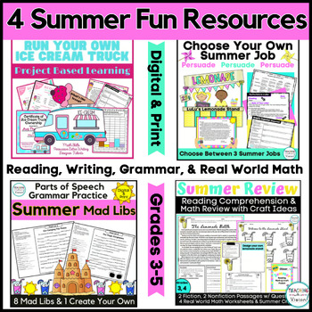 Preview of Summer Fun Work Packet Reading Comprehension & Math Summer Mad Libs G 3-5