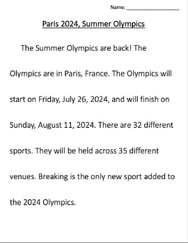 Summer Games, Paris 2024, Reading Comprehension by ALL ABOUT SPED with ...