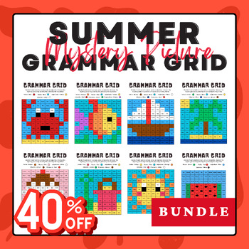 Preview of Summer Grammar Grid Mystery Pictures - Parts of Speech Color by Code Bundle