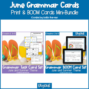 Preview of Summer Grammar Print Task Cards and BOOM Cards BUNDLE