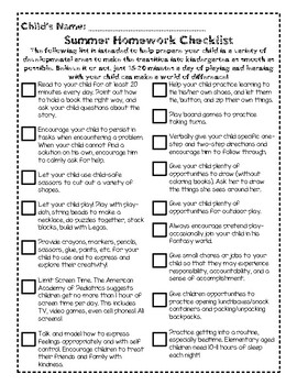 Summer Homework Checklist for Incoming Kindergarteners | TPT