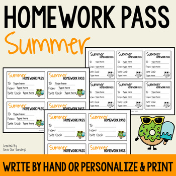 Preview of Summer Homework Pass - No homework pass with a Summer theme, editable