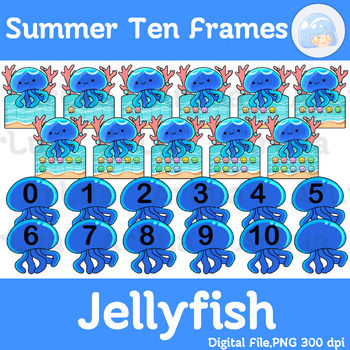 Preview of Summer - Jellyfish Ten frame template, Jellyfish Ten frame clipart