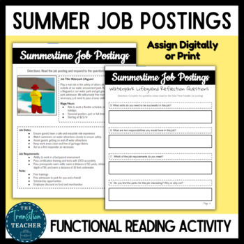 Preview of Summer Job Postings | Functional Reading Activity 