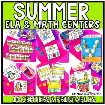 Preview of Summer July Kindergarten Centers Activities Pre-K Tk Printables Math ELA