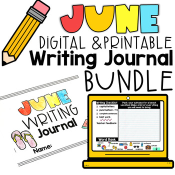Summer June July Monthly Digital & Printable Writing Journal 20 Prompts