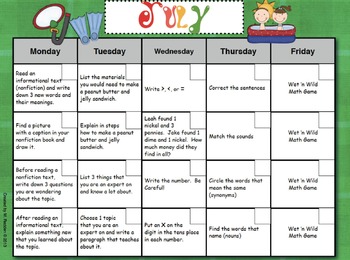 Summer Packet Activity Calendars and Task Cards For Entering 3rd Graders